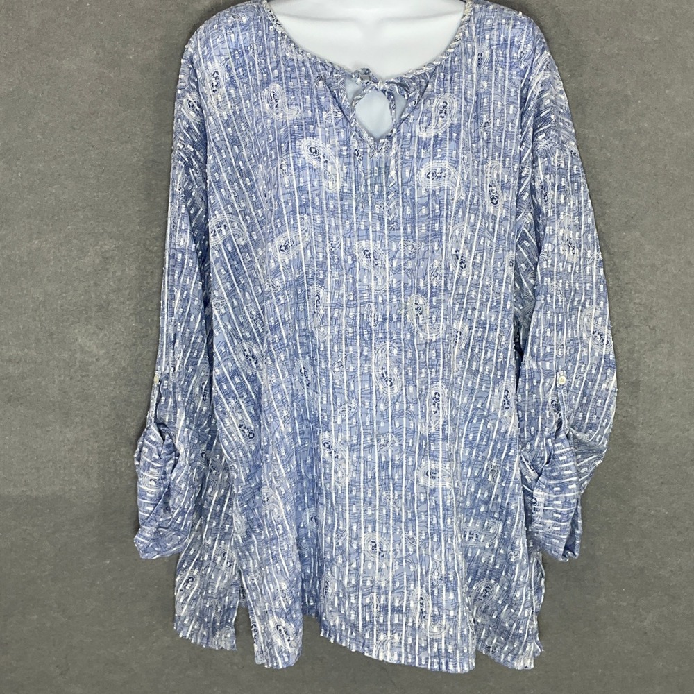 Pure Jill Paisley Tunic Top Keyhole Neckline Long Sleeve Blue White Sz XL Boho